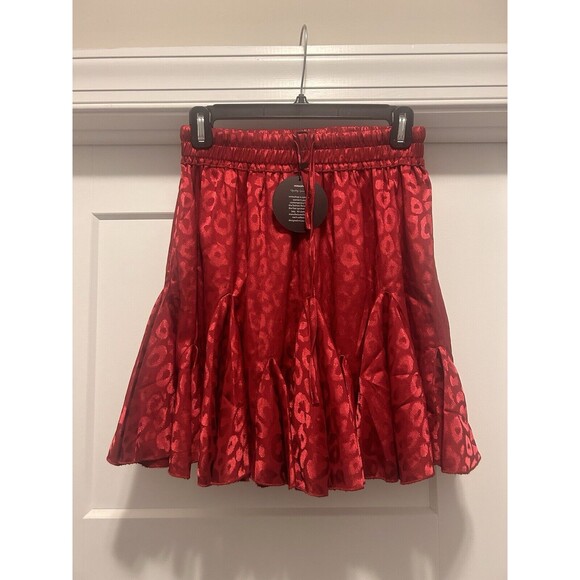 Deep Burgundy Red Leopard Print Satin Ruffle Mini Skirt Elastic Waist Size Small - Picture 2 of 5
